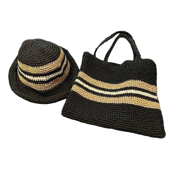 Vintage Women's Black, Green& White Crocheted Woven Paper Sun Hat. Circa 1990s. - Picture 2 of 5